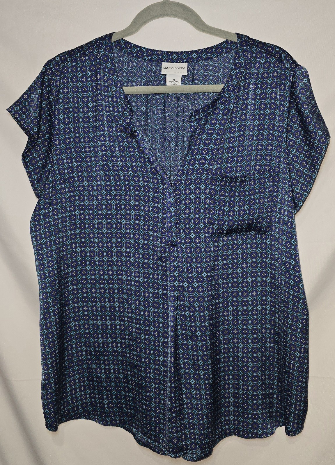 Liz Claiborne Multicolor Split V-Neck Short Sleeve Silky Blouse Women’s Size XL