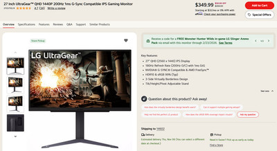 LG 27 Inch UltraGear QHD 1440P 200Hz 1ms G-Sync  IPS Gaming Monitor NEW IN BOX
