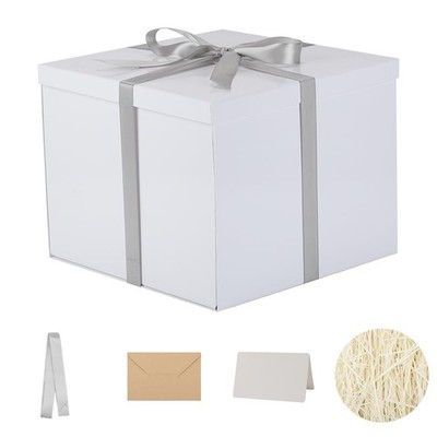1 Pack Large White Gift Box, 12.5x12.5x10, Lid, Shredded Paper, Card, Ribbon