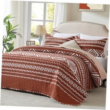 3-Piece Full Queen Size Burnt Orange Rust Quilt Set with Checkered Pattern