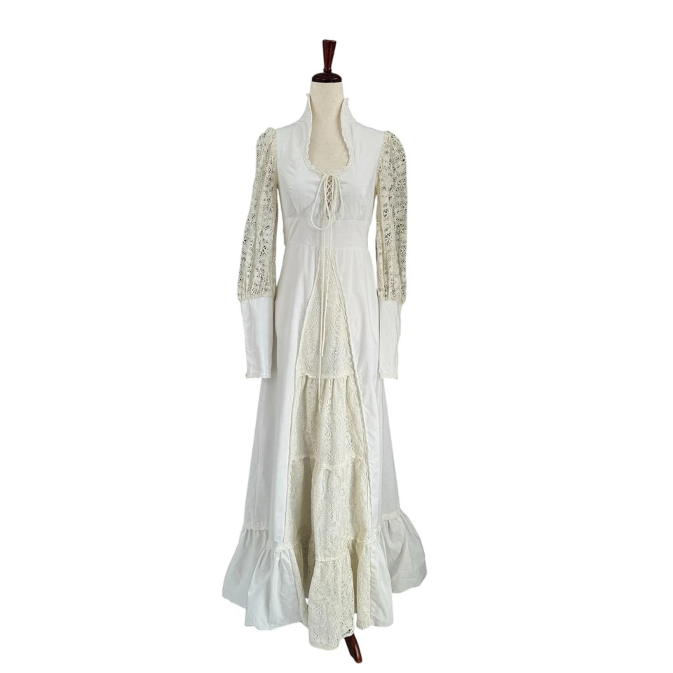 Vintage 70s Gunne Sax? Dress S Ivory Fairycore Lace Crochet Long Prairie Peasant - Image 2 of 4