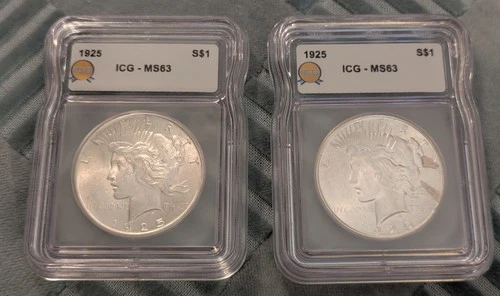 New ListingLot of 2 • 1925 Peace Dollars • ICG MS63 Gold Label • Silver $1 Pair