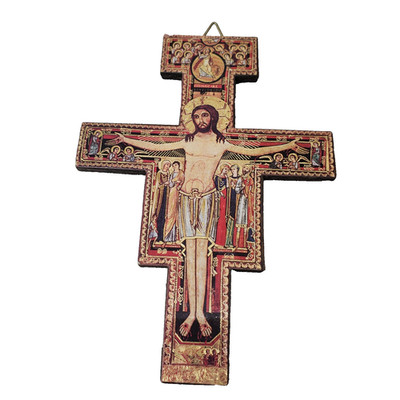 Italian Wall Crucifix San Damiano Cross Gilded Olive Wood Marked Made in Italy