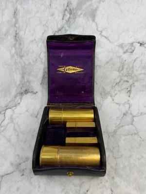 Antique 1910s-1920s 5 Piece Gillette Brass Safety Razor/Talc/Brush  Travel Set