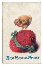 Best Easter Wishes Chick On Flower Covered Egg Bright Colored Postcard Embossed