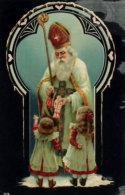 c1908 Christmas Postcard Catholic St Nicolas White Robe Gold Staff Gives Toys