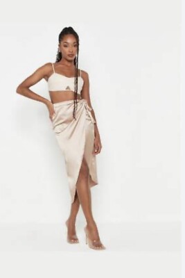 Missguided Satin Midi Wrap Champagne Skirt Size 10 UK