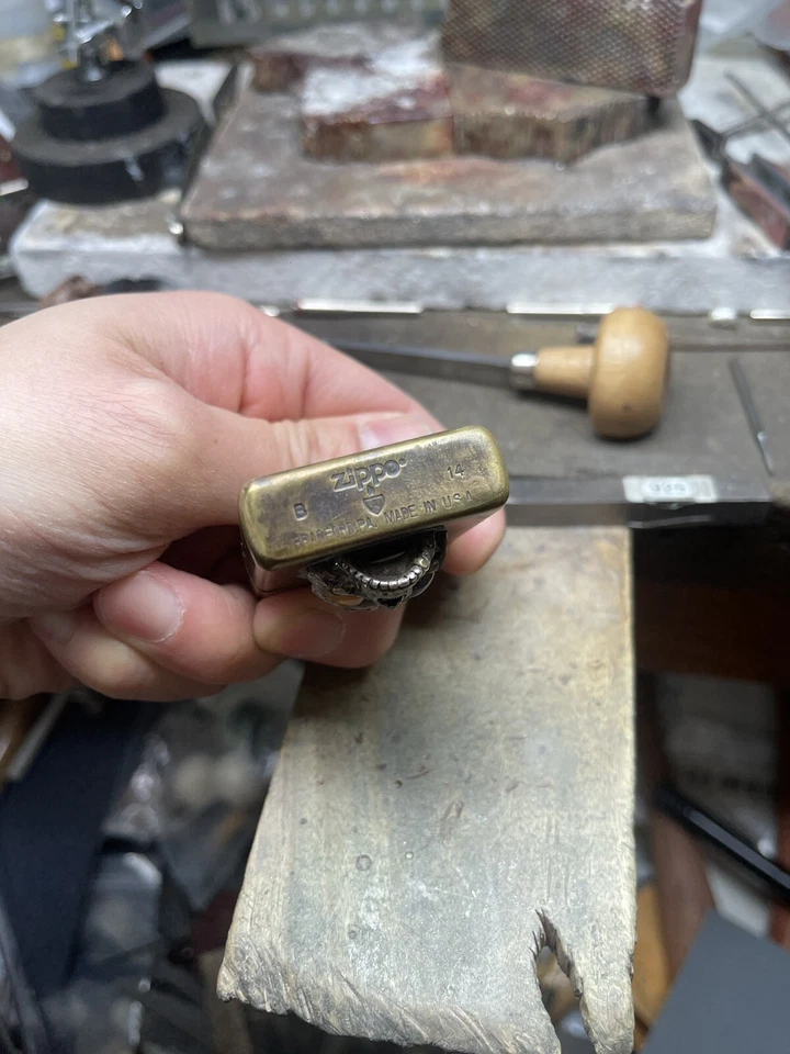 Japanese Themed Brass Zippo W/ Sterling Silver Skull & Blue Sapphire Opals Ruby - Image 3 of 4