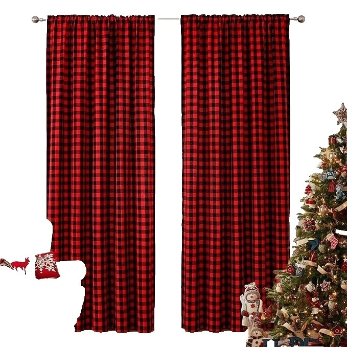 Mescla de Algodão Xadrez Preto Janela Cortinas