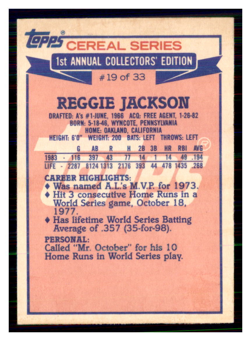 1984 Topps Cereal Series Baseball Reggie Jackson #19 - Picture 2 of 2