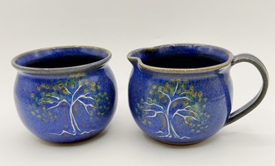 Handmade Studio Pottery Blue Tree Of Life Creamer Sugar Bowl Set Signed S