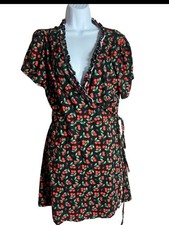FOREVER 21 PLUS Cherry Print Ruffle Wrap Dress Black Red Green Size 2XL