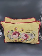 2Superb Vintage French Aubusson Style Needlepoint Tapestry Pillow Floral Bouquet