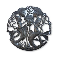 Two Mermaids with Flower, Nautical Sea Life Decor, Handcrafted Haitian Metal Art