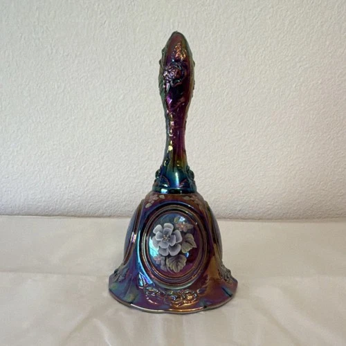 Fenton Hand Painted Carnival Glass  Bell Signed P. Sane in Smoke. 1970’s