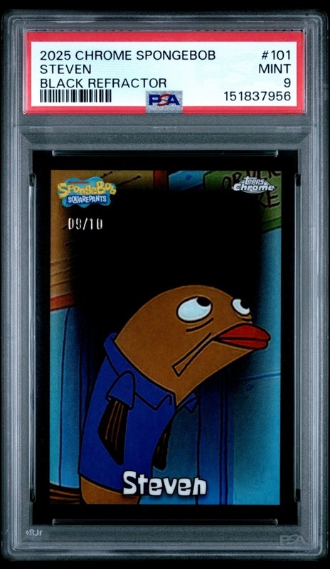 2025 TOPPS CHROME SPONGEBOB 25TH ANNIVERSARY BLACK REFRACTOR STEVEN 09/10 PSA 9