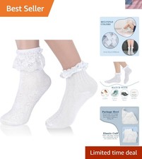 2 Pairs White Ruffle Socks for Women Turn-Cuff Lace Frilly Ankle Sock Comfortabl