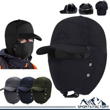 Winter Fur Ear Flap Hat Trapper Aviator Russian Ski Cap Face Mask Windproof Men