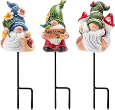 Garden Gnome Statue, Resin Miniature Gnome Set of 3PCS, Figurine with Garden Sta