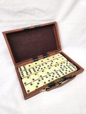 Vintage 28 Piece Double Six Dominoes Brass Spinners Faux Leather Case Travel Set