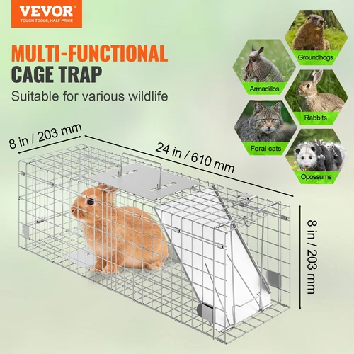 VEVOR Live Animal Cage Trap 24" x 8" x 8" Humane Cat Trap Cats Squirrels Mouse - Picture 2 of 12