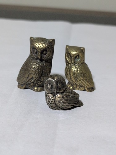 Vtg 3 Pc Solid Brass Owl Figurines . Used! 