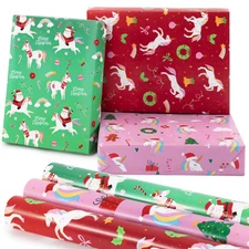 ZICOTO Beautiful Christmas Unicorn Wrapping Paper Roll Set - Cute Set of 3 Qu...