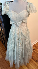 Vintage 1950's Cupcake Prom Long Dress Blue Tulle Lace Capelet XS Needs Repairs