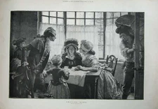 Original Old Antique Print 1884 Outin Fine Art Family Home Children Tea Table