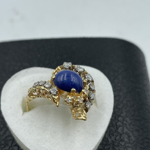 14K Yellow Gold Synthetic Lapis Lazuli & Diamond Ring 6.5g - Picture 6 of 17