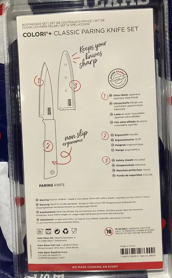 NUEVO JUEGO DE 3 CUCHILLOS DE PELAR KUHN RIKON COLORI DENTADOS Y RECTOS AMARILLO ROJO NARANJA Foto 2 de 4