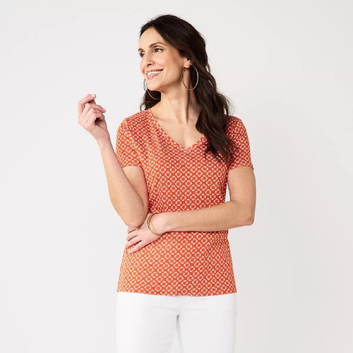 Women's Croft & Barrow Essential V-Neck Tee Orange Folk Geo Size L, XL - 第 2/2 張圖片