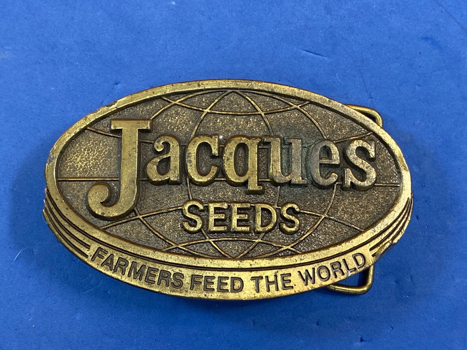 Vintage 1977 Jacques Seeds belt buckle Farmers fe… Gem