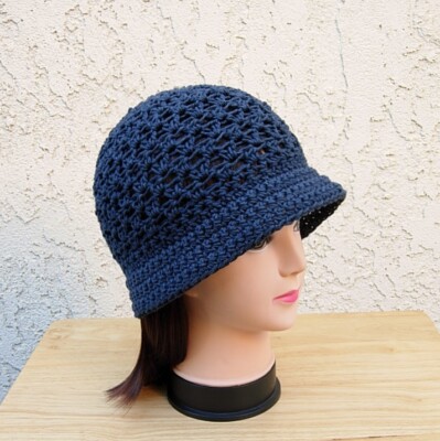 Dark Solid Navy Blue Cotton Crochet Knit Summer Hat Womens Cloche