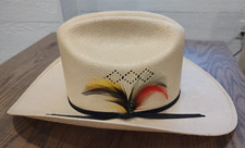 STETSON STRAW COWBOY HAT with FEATHERS - JOHN B STETSON SHANTUNG in SIZE 6 7/8