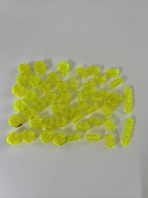 LEGO LOT 50 PCS TRANS NEON GREEN YELLOW 1X2 2X2 BRICKS ROUND VARIETY