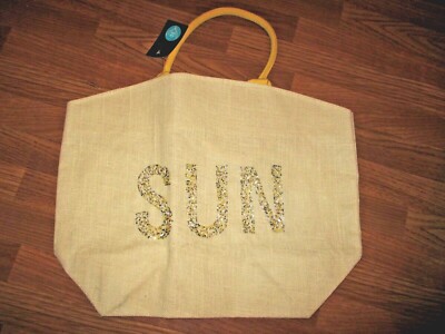 Beach Bag~Jute/Canvas~Rope Handle~Beaded SUN on Canvas~New with Tags