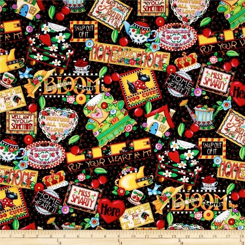 Engelbreit Mottos Black Sayings Fabric Cotton Quilt Home Cherries Scotty  BTHY - Image 2 of 4