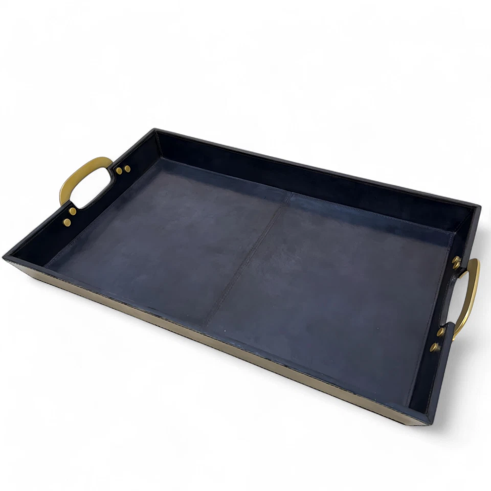 Ralph Lauren 风格现代海军皮革服务托盘,灵感来自 Adnet — 第 2/3 张图片