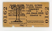 Railway Ticket Irish GSR 3rd Class Return Deck Tourist Fare  to Limerick