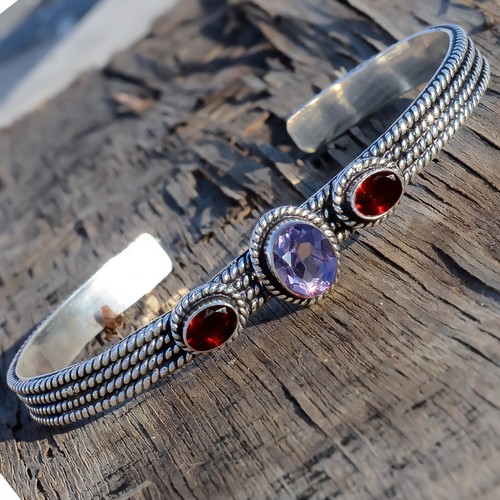 Amethyst Garnet Gemstone Bracelet 925 Sterling Silver Cuff Gifted Bangle Jewelry - Picture 2 of 6