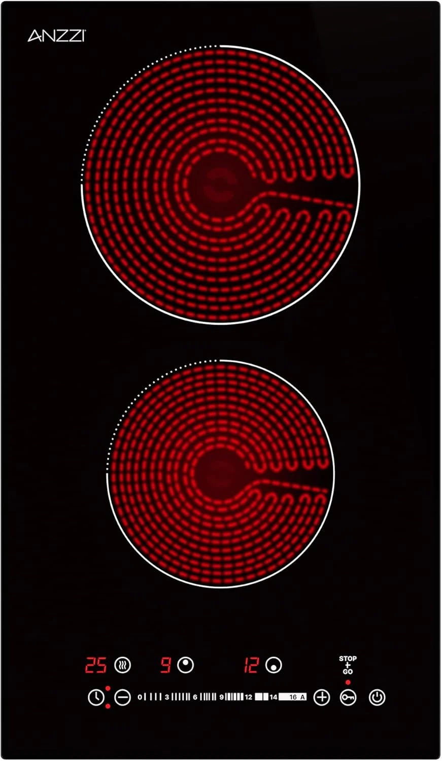 12-Inch Black Glass Electric Cooktop with Dual-Zone Radiant Heating