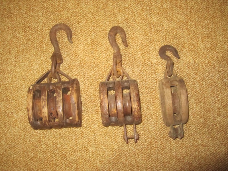 3 Antique Wooden Pulley: Triple/Double/ Single; Block/Tackle Farm Barn Nautical