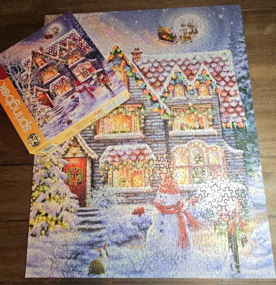 SPRINGBOK "Christmas Eve Cottage" puzzle 1000 pcs Santa Reindeer Snowman Puppy - Image 4 of 4