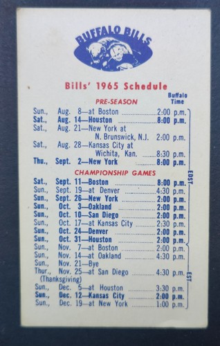 1965 Buffalo Bills AFL Pocket Schedule -WBEN - Marine Trust - Iroquois Beer