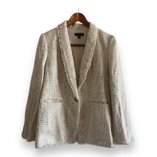 Ann Taylor Women Cream Tan Tweed Fringe Trim Single Button Blazer Jacket Size 10