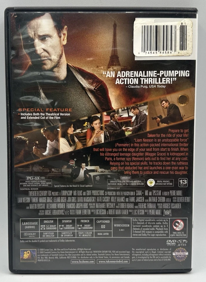 Taken DVD Widescreen Extended Cut Liam Neeson Maggie Grace Jon Gries 2009 - Image 2 of 3