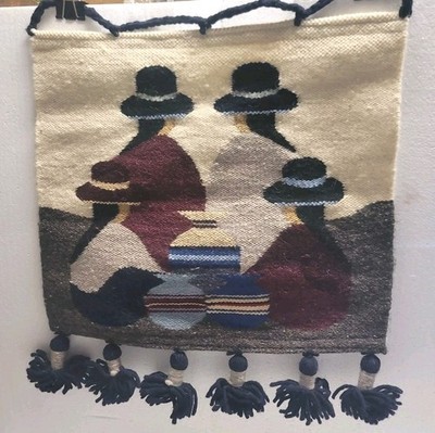 Vintage Woven Wool Ecuadorian Wall Hanging  15''  x 17'' With Tassels