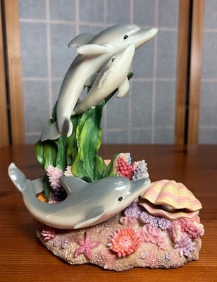 Dolphins Figurine With Kelp And Coral Below, Porcelain and Resin 7.25 Hx5.5 W