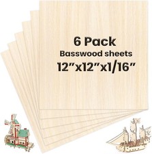 6 Pack Basswood Sheets 12 x 12 x 1/16 Inch Thin Wooden Sheet Unfinished Wooden S